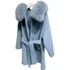 Korea stil Kvinna Medium Lång Loose Wool Trench Coat med Real Fox Fur Trim Hoodie Hot Selling Oversize Wool Cardigan Cloak LJ201110