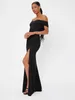 Tall Solid Off Shoulder Backless Split Thigh Prom Dress SHE