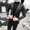 Solid Black Slim Fit Blazer Hombre Pu Jaqueta de Couro Homens Um Botão Negócio Casual Prom Blazers para Homens Casaco de Terno Coreano