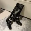 Nuevas botas a media pantorrilla con punta cuadrada y tacón alto, botas de mujer de charol para caballero, botas de mujer 2020, zapatos de invierno para mujer