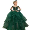 Puffy Ruffle Tiered Abiti da ragazza di fiori verde scuro Scoop Neck Appliqued Perline Maniche lunghe Abiti da spettacolo per bambina Abiti da comunione per bambini Festa di compleanno