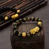 Mode Feng Shui Obsidienne Pierre Perles Bracelet Hommes Femmes Unisexe Bracelet Or Noir Pixiu Richesse et Bonne Chance Femmes Bracelet7302571