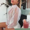 Summer Sexy Women Polka Dot Mesh Sheer See-through Tops Bikini Cover-Ups Puff Long Sleeve Tops Blouse Shirts Beachwear Loose Top H1230