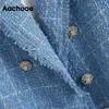 Aachoee Moda Escritório Desgaste Blue Tweed Blazer Mulheres Elegante Dupla Casaco Jaqueta Casual Casual Manga Longa Pockets Outwear 201201