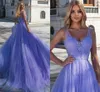 Lavendel Sparkling Tulle Prom Dresses Spaghettibandjes Geappliceerd A-lijn Avondfeest Jurken Open Back Formele Vestidos Longo Robe D283L