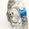 Mens Automatic Mechanical Watchesluxury Ankomst PP Day Blue Sapphire Dial Rostfritt stål Transparent glas bakre pp modeklockor