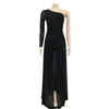 2022 Dames Bodycon Jumpsuits Lady Sexy One Shoulder Lange Mouw Tuniek Slanke Pant Hoge Spleet Mesh Uite-Piece Kleding voor Party Club