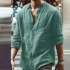 남자 단단한 긴 슬리브 코튼 린넨 셔츠 가을 캐주얼 스탠드 칼라 버튼 가디건 탑 패션 느슨한 셔츠 남자 스트리트웨어 220217