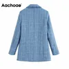 Aachoee Moda Escritório Desgaste Blue Tweed Blazer Mulheres Elegante Dupla Casaco Jaqueta Casual Casual Manga Longa Pockets Outwear 201201