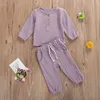 2020 0-5Y Infant Baby Cotton Linen Clothes Autumn New Boys Girls Button Long Sleeve T-shirt Top+Long Pants Solid 2pcs Outfits G220310