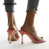 Aneikeh 새로운 섹시한 모조 다이아몬드 PVC 여성 노새 여름 스퀘어 헤드 Transptenthin Ladies 파티 Shoe C0129에 슬라이드에 높은 뒤꿈치 패션 슬립