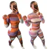 Women's Tracksuits Streetwear Striped Knitted Womens Set Crop Tops Legging Pants Suits Tracksuit Matching Two Piece Sets Fitness Outfit