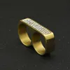 Men's Hip Hop Cool Two Finger Iced Bling Rhinestone Stainless Steel Gold color Ring Fashion Party Jewelry Size 9 and 10
