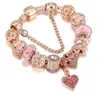 Top Kwaliteit Rose Goud Roze Zilver Charm Kralen Kers Rood Hart Kristal Vlinder Bloem Past Europese Pandora Bedels Armbanden Veiligheid Ketting Sieraden DIY Vrouwen