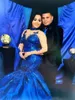 Nieuwe Saoedi -Arabië Royal Blue Prom Dresses High Neck Naakt Mesh Long Sheeves Lace Parns avondjurken Satin Mermaid Forma Vrouwen feestkleding 403