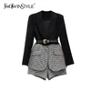 TWOTWINSTYLE Korean Patchwork Plaid Two Piece Set For Women Lapel Long Sleeve Sashes Blazer Wide Leg Shorts Casual Sets Female 220221