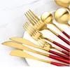 4PCS Red Gold Tutlery Zestaw naczynia ze stali nierdzewnej Zestaw stołowy Strep Steek Nóż STEAT Fork łyżka kawowa łyżka ekskluzywna kolacja jlldoi