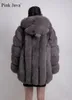 rose java QC8149 nouveau modèle femmes réel manteau de fourrure de renard manches longues capuche manteau gebuine renard tenue de haute qualité 201212