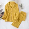 Women's Nightwear Twopiece Star Pattern Crepe Suit Cotton Lapel Longsleeved Trousers Casual Home Wear Women's Pajama Pants T200429