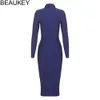 Beaukey 긴 소매 깊은 V 넥 섹시한 여성 고품질 붕대 패브릭 바디 콘 드레스 로얄 블루 무릎 길이 드레스 XL 저렴한 201028