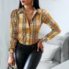 Kadın Bluzlar Gömlek Kadın Casual Ofis Baskı Sonbahar Moda Düğme Uzun Kollu Beyaz Gömlek Zarif Patchwork Slim Kadınlar 2022 Tops