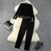 2020 Fall Autumn Long Sleeve Round Neck Black Velour Panelled Cardigans + Buttons High Waist Long Pants Two Piece 2 Pieces Set LO22T11460