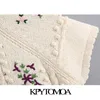 kpytomoa女性ファッション花柄の刺繍クロップドニットセーターヴィンテージoネックショートスリーブ女性プルオーバーシックトップ210203