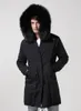 Estilo clásico marca Meifeng Invierno Hombres abrigos de nieve Forro de piel de conejo negro Parkas largas negras Chaquetas de hombre de estilo largo de piel lujosa