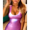 Dames Zomer Mini Dress Sexy Mouwloze PU lederen bodycon Effen kleur goud zilveren feestjurken