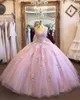 2021 New Princess Pink Scoop Appliques Ball Gown Quinceanera Dresses Tulle Lace-Up Sweet 16 Dress Debutante Prom Party Dress Custom Made 032