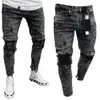 Jeans masculinos homens preto cinzento magro rasgado casual fit ajuste afligido furo buraco denim calças primavera outono macho calças