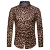 Mäns casual skjortor klv långärmad man bomullsblandning blus herr mode leopard tryckt tryckt smala toppar