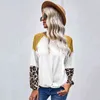 Stitching Leopard Skriv ut Kvinnors överfjäder Höst Lös Sticka Pullover T-shirts Vaffel Långärmad Top för Kvinna G220228