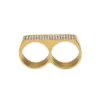 Men's Hip Hop Cool Two Finger Iced Bling Rhinestone Stainless Steel Gold color Ring Fashion Party Jewelry Size 9 and 10