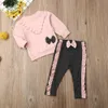 2 sztuk Baby Girl Outfit Ubrania Zestawy Z Długim Rękawem Różowy Ruffle Bowknot Bluza Spodnie Toddler Kid Ubrania Zestaw