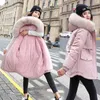 Kvinnors Down Parkas Winter Coat Women Fleece Bomull Padding Fur Hooded Slim Waist Drawstring Tjock Long Jacket Solid Mujer 2022