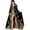 Moroccan Kaftan Elkadi Algerian A Line Velvet Evening Dresses Split Gold Appliques Lace Muslim Prom Formal Gowns Dubai Arabic Wome198H