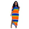 Articles en gros Robes pour Femmes Rainbow Stripe Long Vêtements One Piece Set Haute Qualité Élégant De Luxe De Mode Bandage Club Wear K8675