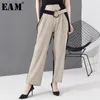 [EAM] Yüksek Bel Kayısı Kontrast Renk Uzun Geniş Bacak Pantolon Yeni Gevşek Fit Pantolon Kadın Moda Gelgit İlkbahar Sonbahar 2020 LJ201103