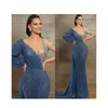 Blue Evening dresses Sheer Jewel Neck Beaded Lace Long Sleeve Mermaid Prom gowns Sweep Train Custom Made Illusion Robes De Soiree298L