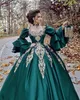 Vintage Princess Lace Appliqued Prom Dresses Long Sleeves Sweetheart Neck Evening Gowns Corset Back Sweep Train Satin Formal Dress