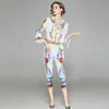 Printed Shirt+pants High-end Womens Two Piece Set 2021 Spring Summer Ruffled Printed Blouse Pant Fashion Lady Suit