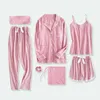 Juli's Song 7 Pieces Pyjamas Set 100% Cotton Women Pyjamas Suits Long Sleeve Top Elastic Midje Pants Lounge Sleepwear 201217