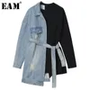 [EAM] Loose Fit Denim Split Bandage Sweat Nouveau Col Rond À Manches Longues Femmes Grande Taille Mode Marée Printemps Automne 1H839 201212