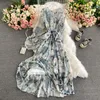 Sommer Neue Ankunft Frauen Retro Oansatz Blumen Druck Kleider Damen Vintage Hohe Taille Schlank Chiffon Plus Größe Lange Kleid 2022