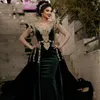 Traditional Kosovo Albanian Caftan Dark Green Prom Dresses with Detachable Train lace Applique Beaded Evening Dress Short Sleeves