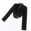 Twotwinstyle Patchwork pusta czarny płaszcz dla kobiet v szyja koronkowe płaszcze z długim rękawem