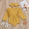 Newborn Kids Baby Girl Long Sleeve Cotton Linen Ruffled lace Romper + Headbands 2Pcs/Set Infant Jumpsuit Playsuit Clothes M3019
