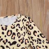 ZWF433 Girls Beige Leopard Printed Wzór okrągły okrągły kołnierz Top + długie dżinsy Ustaw stroje dla dzieci dla Kid Girl 3-10yearsx1019