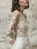 2021 Nouvelle Combinaison Robes De Mariée 2 Pièce Fleurs Dentelle U Dos Ouvert Bateau Illusion À Manches Longues Robe D'invité De Mariage Pour La Mariée Fomral De Mariée